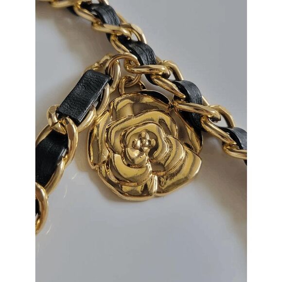 NEW Gold Black Rose Camellia Flower Charms Interwoven Chain Belt - Picture 6 of 14